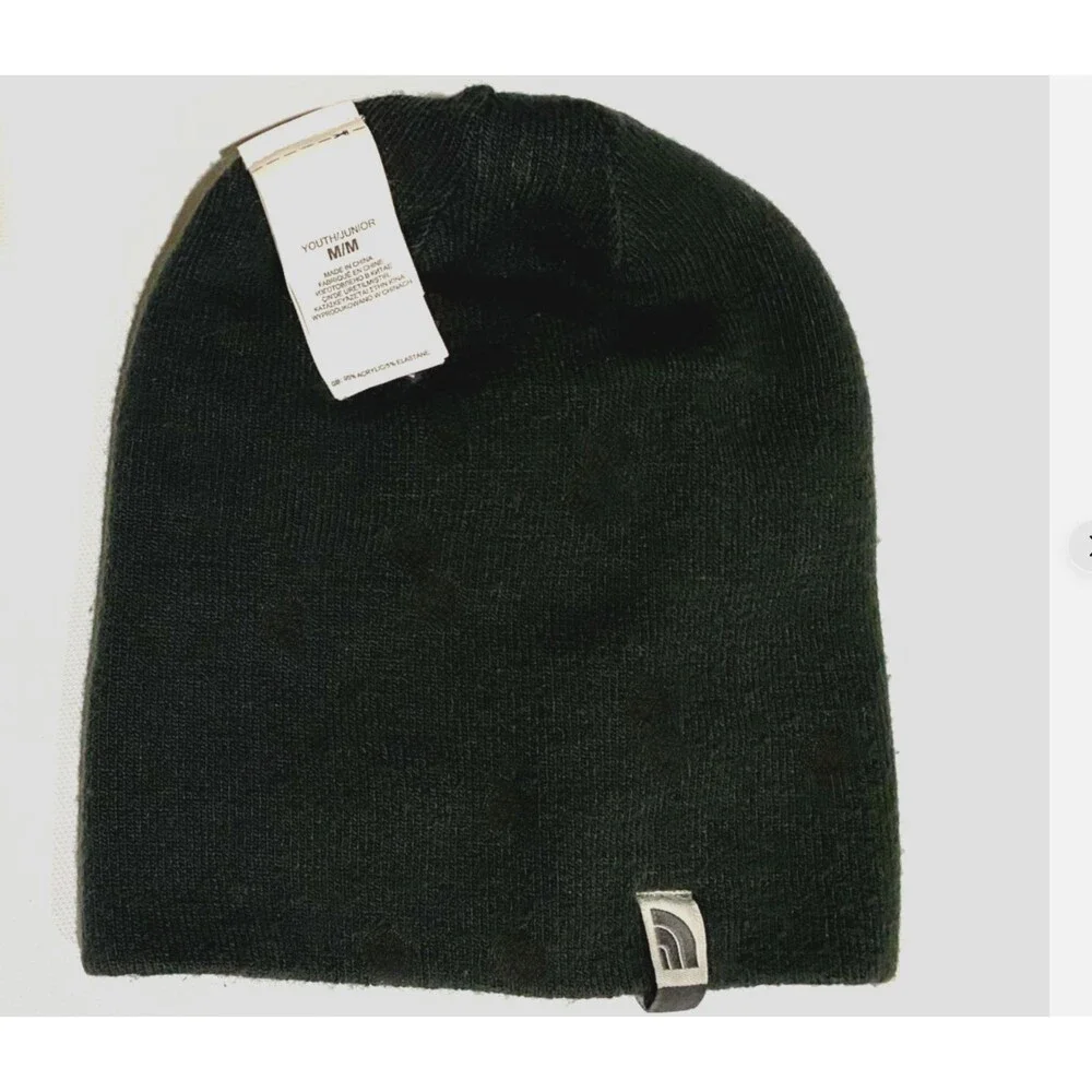 The North Face Youth Reversible Beanie Gorpcore Black Green Stripe Knit Hat Sz M